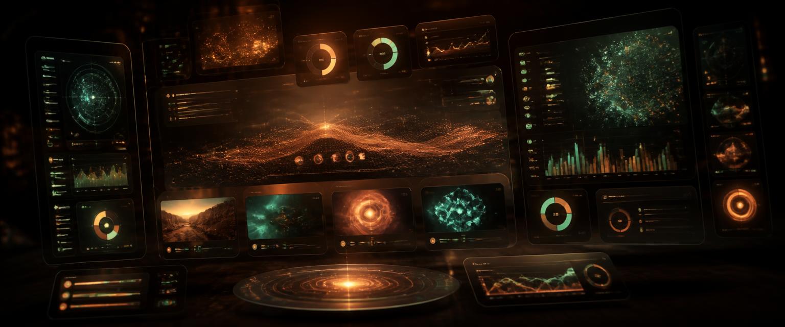 Abstract visualisation of the AI Builder NG creation and learning workspace